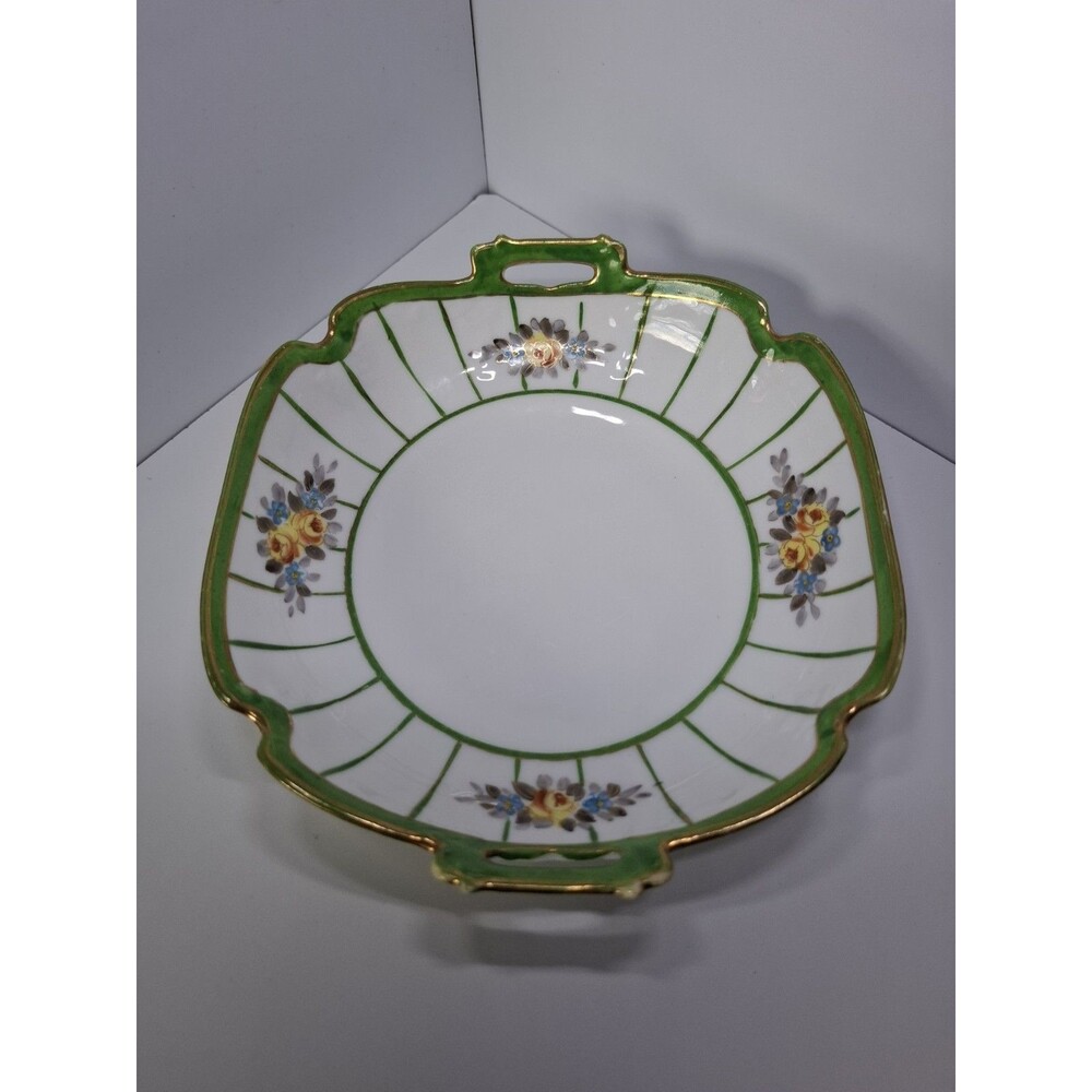 Antique Nippon Hand Painted Handled Bowl Dish Green Gold Floral Morimura